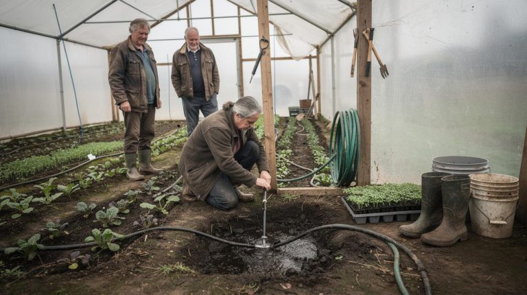 Muškarac kleči u plasteniku i podešava sistem za navodnjavanje dok dvojica muškaraca stoje