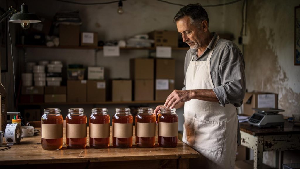 Čovek u kecelji slaže tegle meda na drvenom stolu u radionici