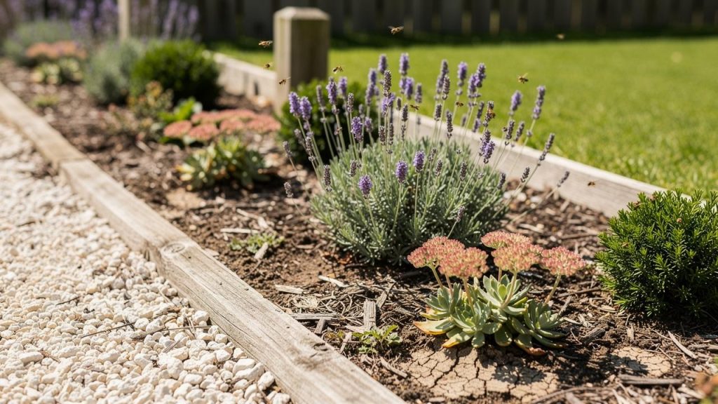 Grm ljubičaste lavande i sukulent u sunčanoj gredici okružen pčelama