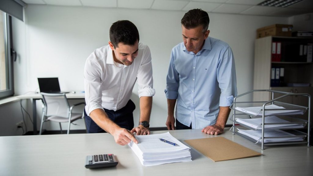 Dva muškarca stoje nad stolom i pregledaju veliki snop dokumenata