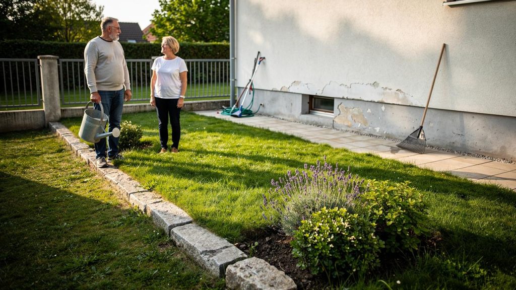Stariji par stoji u dvorištu dok muškarac drži metalnu kantu za zalivanje