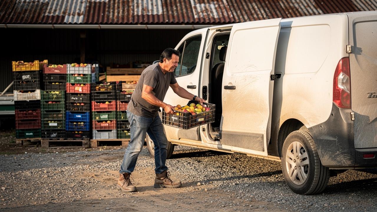 Muškarac nosi gajbu sa jabukama i ubacuje je u beli kombi