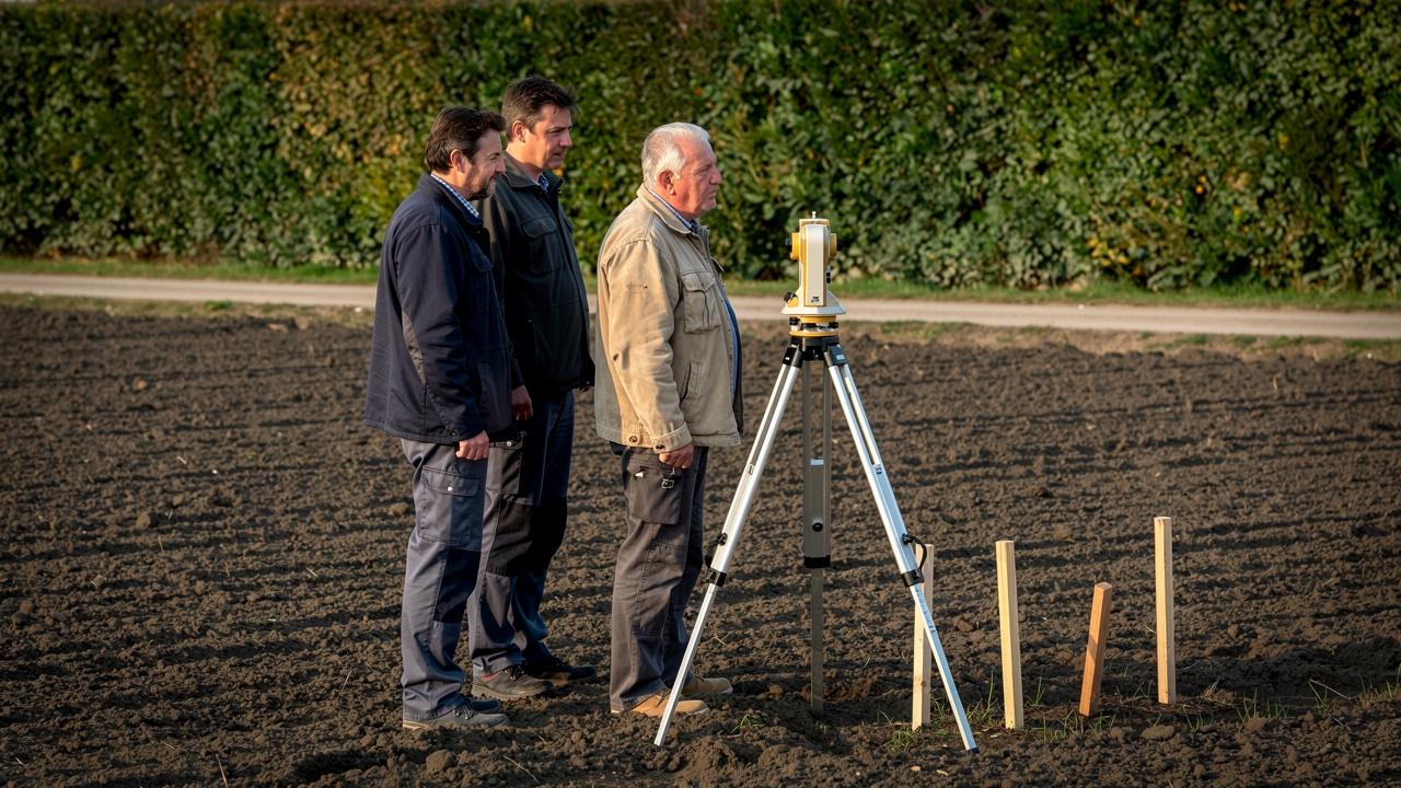 Tri muškarca stoje pored geodetskog teodolita na stativu u obrađenom polju