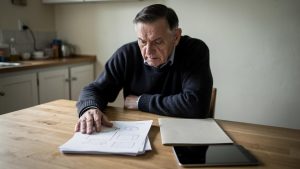 Stariji muškarac sedi za stolom i pažljivo pregledava nacrte na papirima