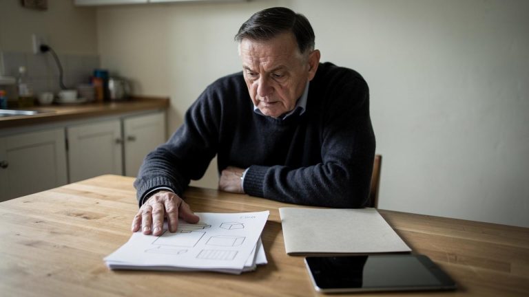 Stariji muškarac sedi za stolom i pažljivo pregledava nacrte na papirima