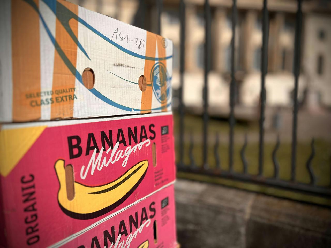 Kartonske kutije za banane sa ružičastom etiketom i žutom ilustracijom banane